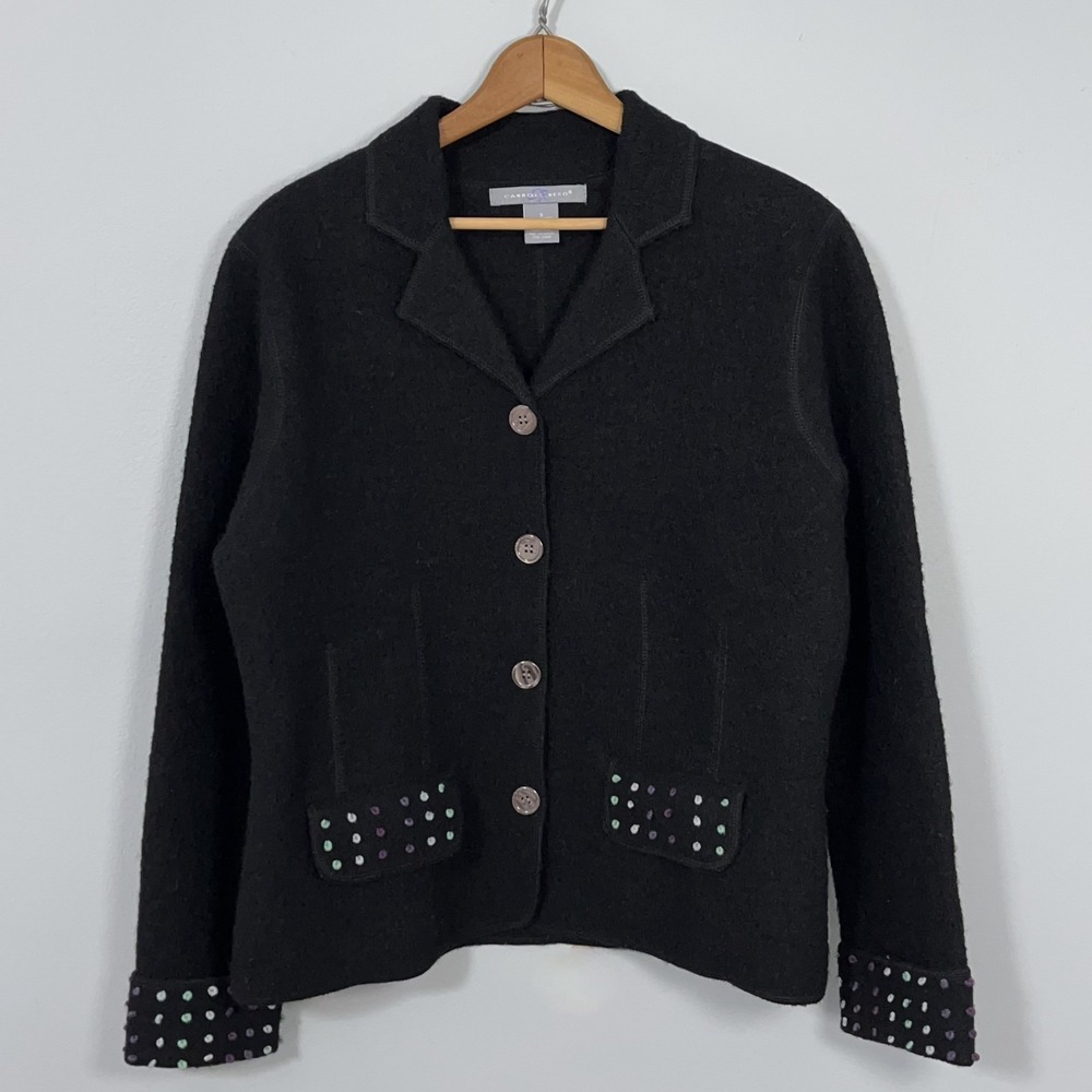 Vintage Carroll Reed Wool Cardigan‎ Jacket Sweater Women Small Boucle Embroidery